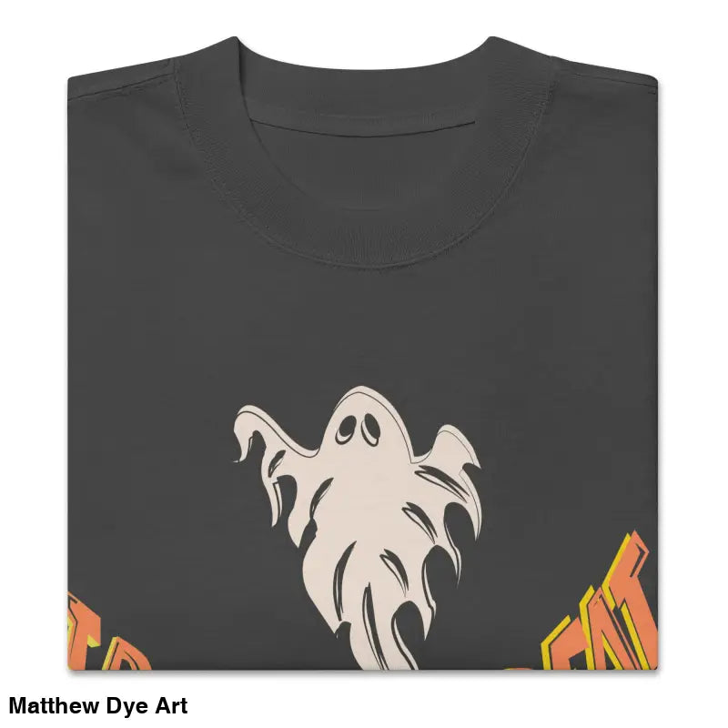 Folded gray oversized faded t-shirt from Phantoms & Fangs featuring vampire fangs