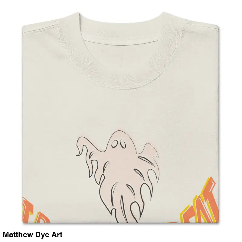 Folded oversized faded t-shirt featuring a ghost design for Halloween treat smiles