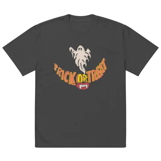 Gray oversized faded t-shirt featuring Halloween graphic with vampire fangs and treat smiles