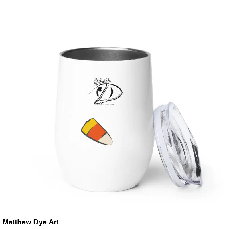 White insulated tumbler with lid, featuring Matthew Dye art for captivating mummy wine