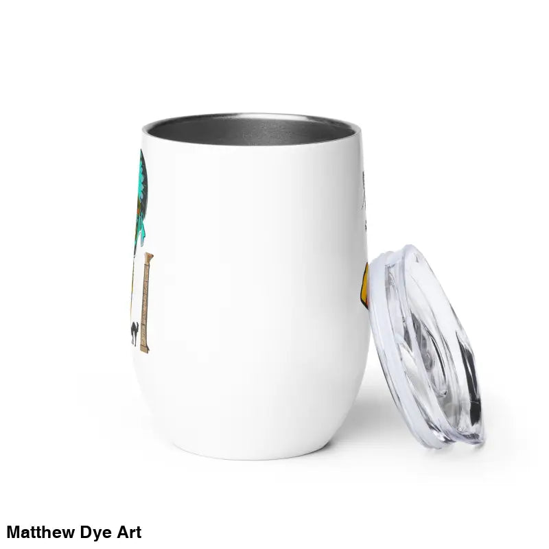 White wine tumbler with lid featuring Matthew Dye art from the Pharaoh’s Curse collection