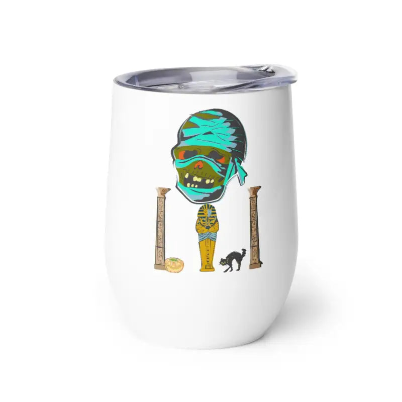 White tumbler featuring Matthew Dye art in a captivating mummy design for Pharaoh’s Curse