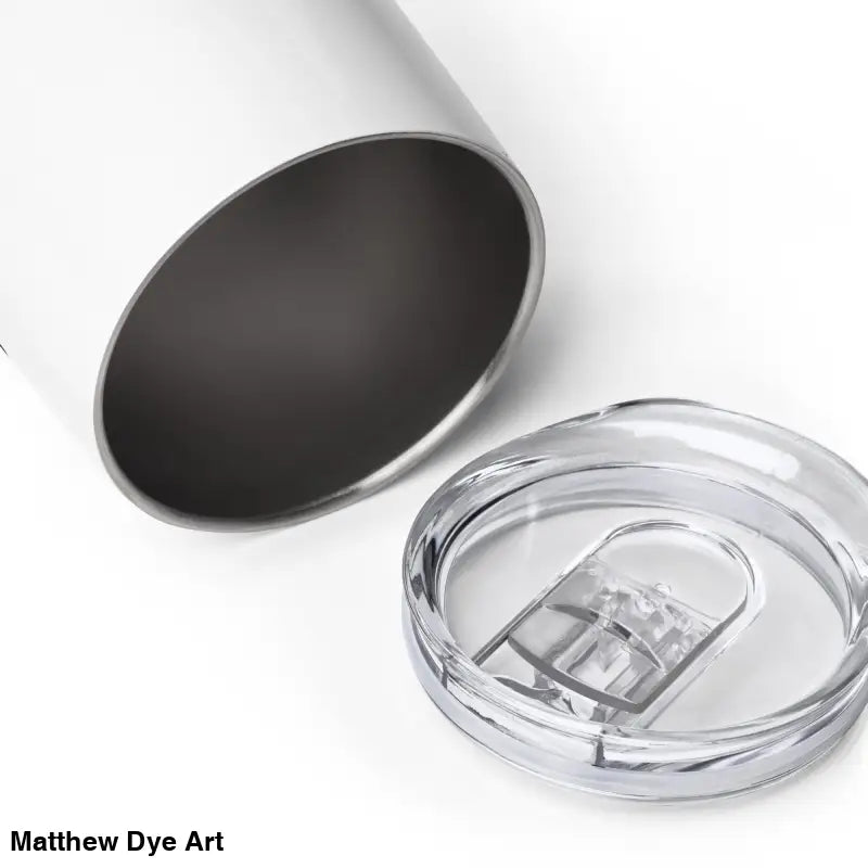 White tumbler with clear lid in Pharaoh’s Curse Wine Tumbler, featuring Matthew Dye art