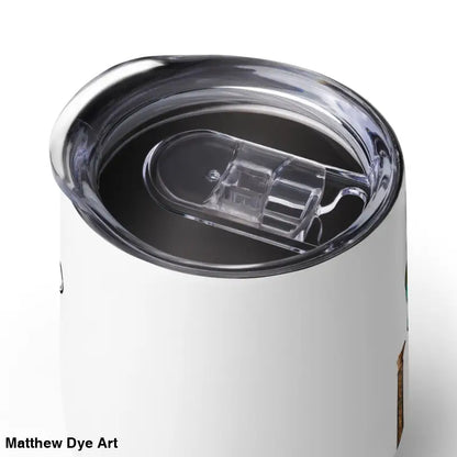 Insulated tumbler with clear lid, featuring Matthew Dye art from the enchanting realm