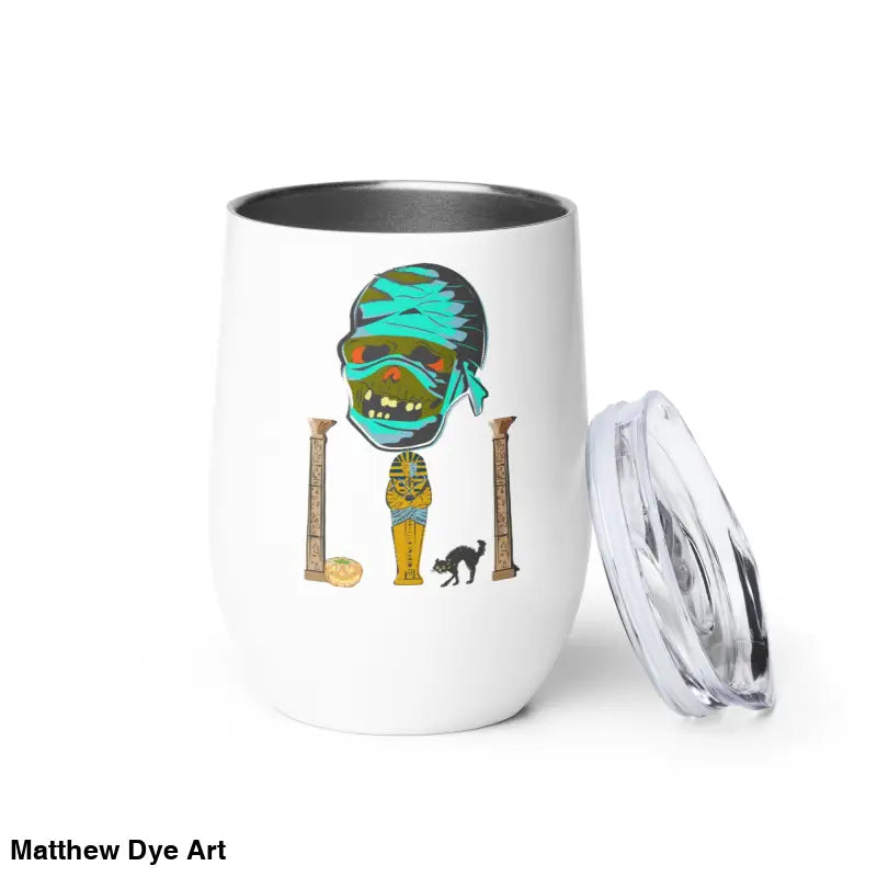 White tumbler featuring captivating mummy design from Matthew Dye art in enchanting realm