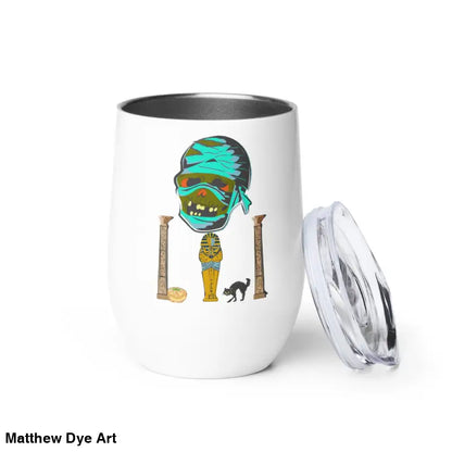 White tumbler featuring captivating mummy design from Matthew Dye art in enchanting realm