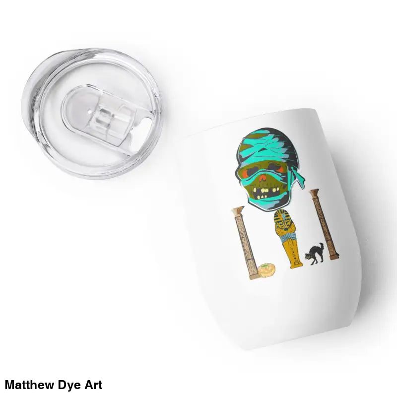 White tumbler featuring Matthew Dye art mummy design for captivating mummy wine