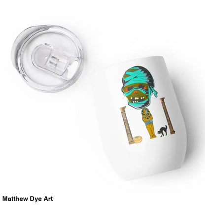 White tumbler featuring Matthew Dye art mummy design for captivating mummy wine