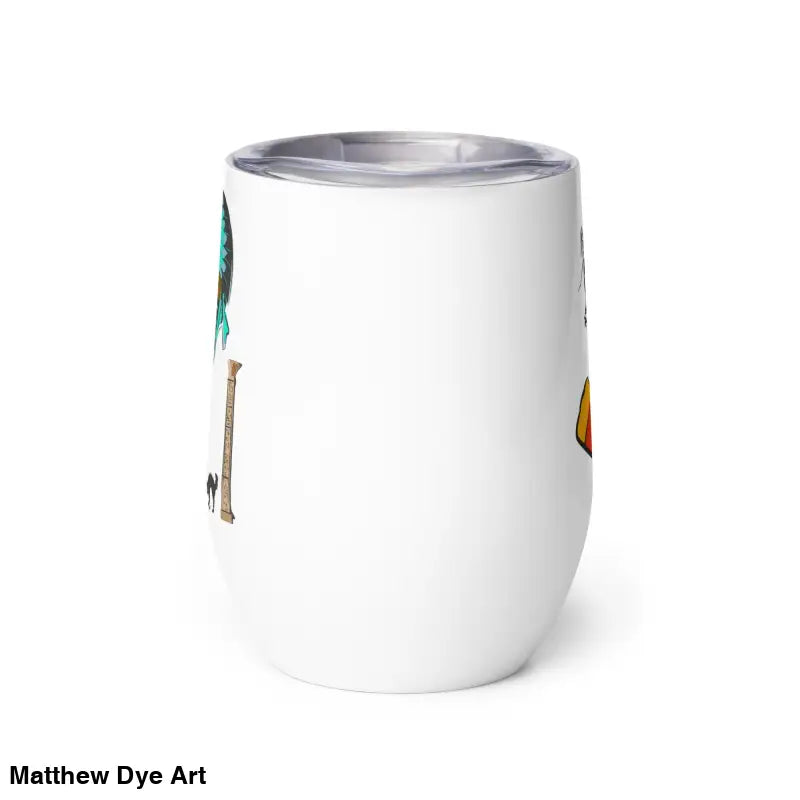 White insulated wine tumbler from Pharaoh’s Curse Wine Tumbler showcasing Matthew Dye art