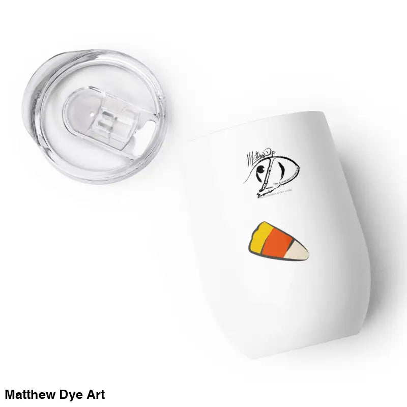 White tumbler with lid featuring Matthew Dye art in an enchanting realm design