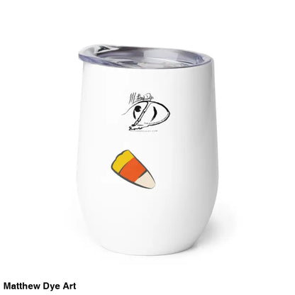 White insulated tumbler from Pharaoh’s Curse Wine Tumbler, featuring Matthew Dye art