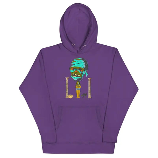 Purple hoodie with turquoise skull design by Matthew Dye Art in whimsical mummy style