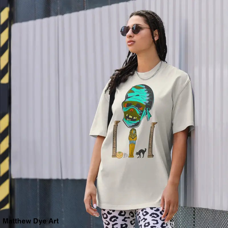 Oversized mummy graphic t-shirt featuring nostalgic Halloween design for unisex wear