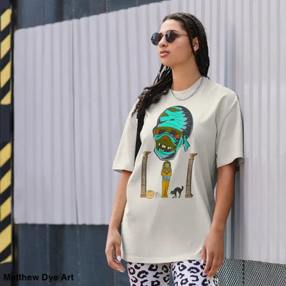 Oversized mummy graphic t-shirt featuring nostalgic Halloween design for unisex wear