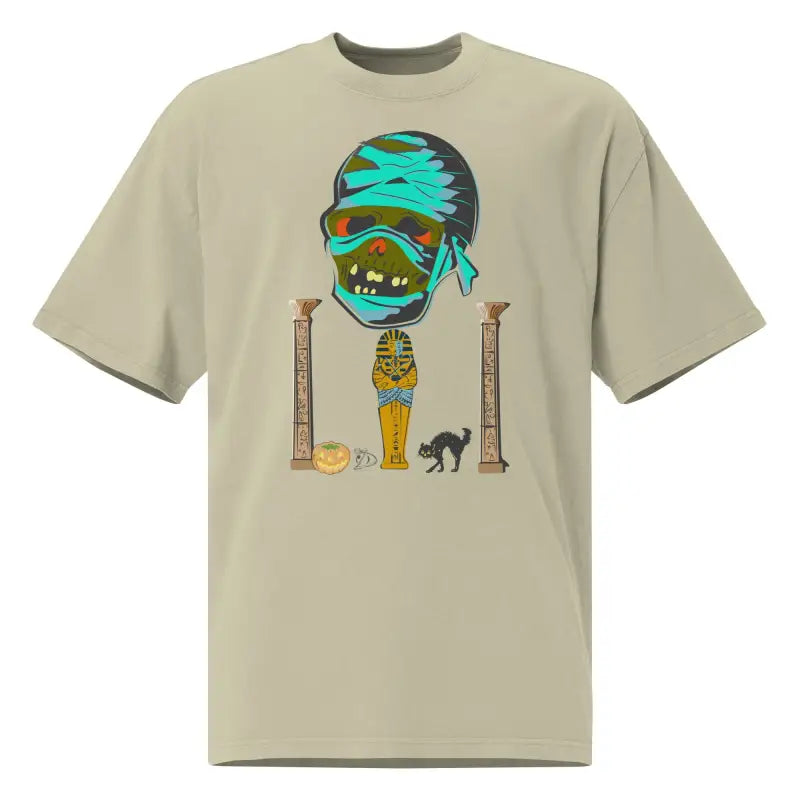 Beige mummy graphic on Pharaoh’s Curse oversized unisex faded t-shirt with nostalgic design