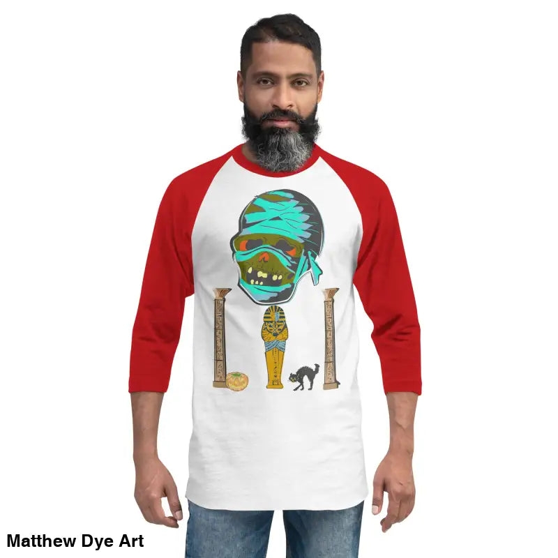 Red and white mummy-themed baseball shirt featuring Matthew Dye art for Halloween fans