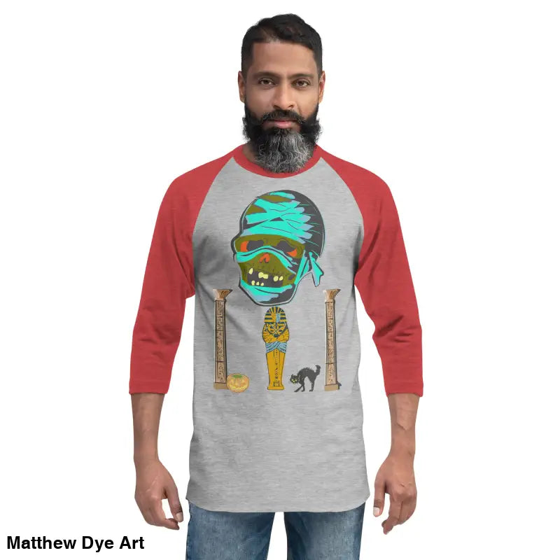 Red-sleeved mummy t-shirt featuring Matthew Dye art in a twisted vintage Halloween design