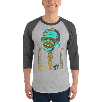 Gray raglan shirt featuring Matthew Dye art of a mystical mummy charm for Halloween