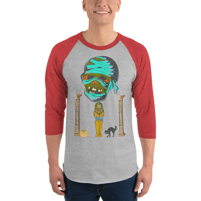 Red and gray mummy-themed baseball shirt featuring Matthew Dye art for a mystical Halloween