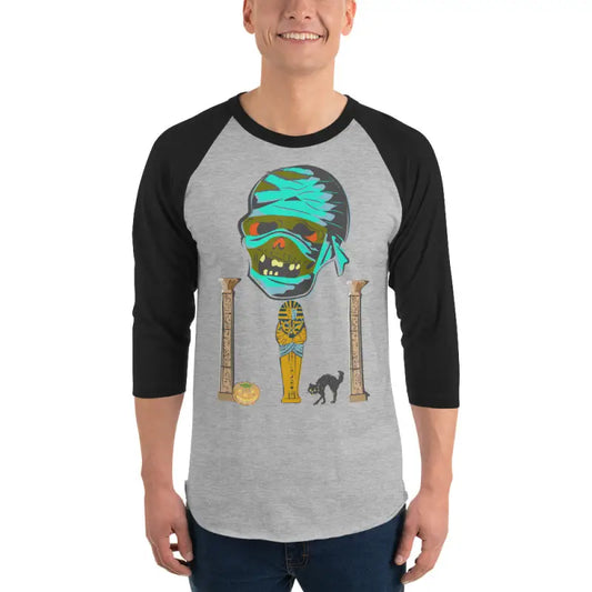 Gray baseball tee featuring Matthew Dye art of a mystical mummy charm on a horror shirt