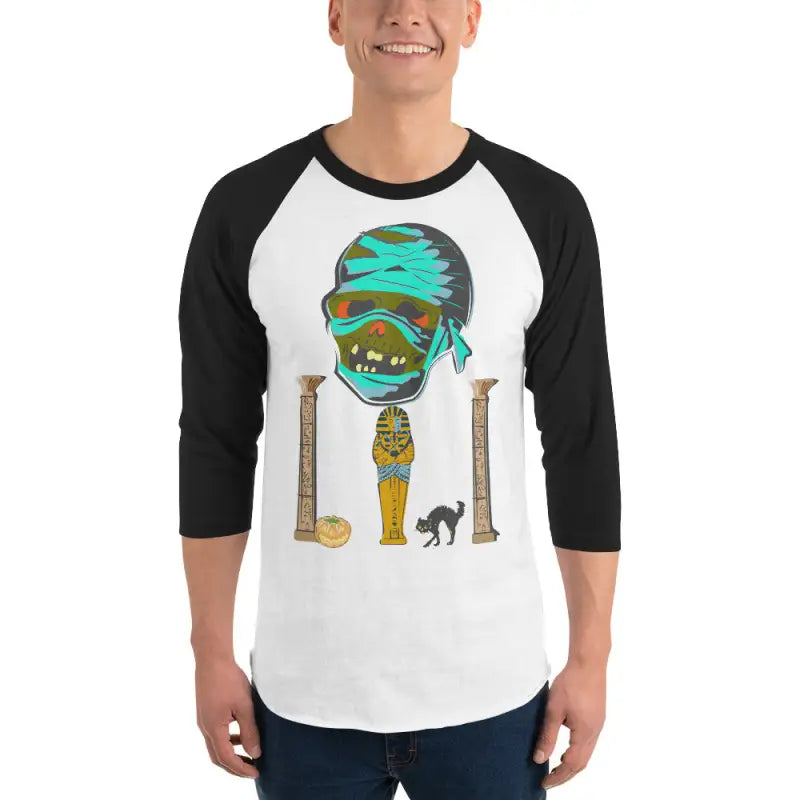 Mummy graphic on Pharaoh’s Curse Raglan shirt, featuring Matthew Dye art and mystical charm