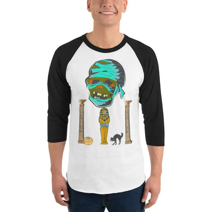 Mummy graphic on Pharaoh’s Curse Raglan shirt, featuring Matthew Dye art and mystical charm