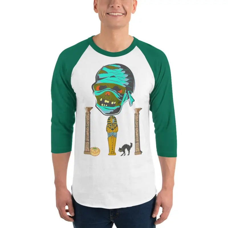 Green-sleeved mummy t-shirt featuring Matthew Dye art for a mystical mummy charm
