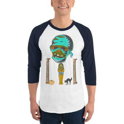 Mummy-themed baseball shirt featuring Matthew Dye art in Twisted Vintage Halloween style