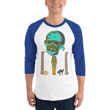 Blue-sleeved mummy t-shirt featuring Matthew Dye art for a mystical Halloween look