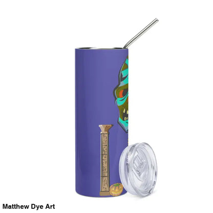 Purple stainless steel tumbler with straw featuring Mummy design from Matthew Dye Art