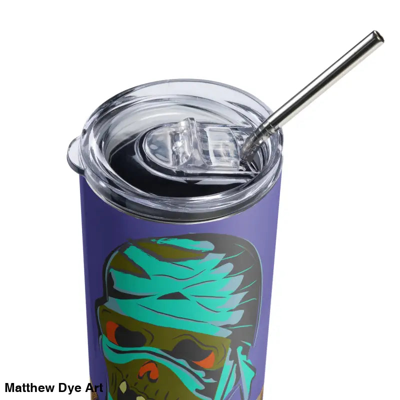Mummy-themed stainless steel tumbler from Matthew Dye Art in a cute Halloween collection