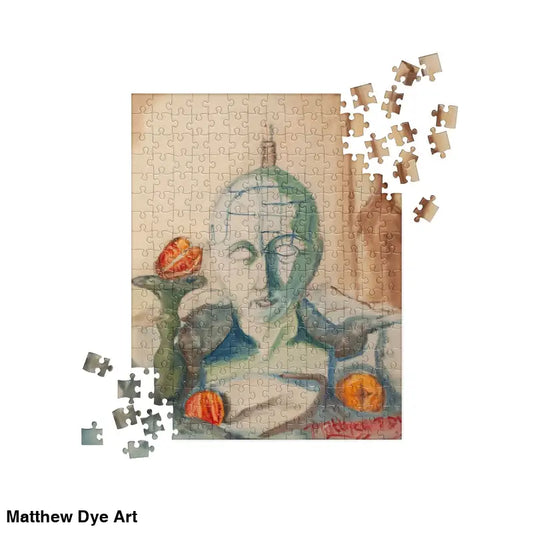 Partially completed phrenology jigsaw puzzle featuring Matthew Dye’s exquisite oil painting