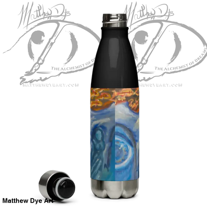 Stainless steel tumbler featuring artistic blue and orange cosmic art design
