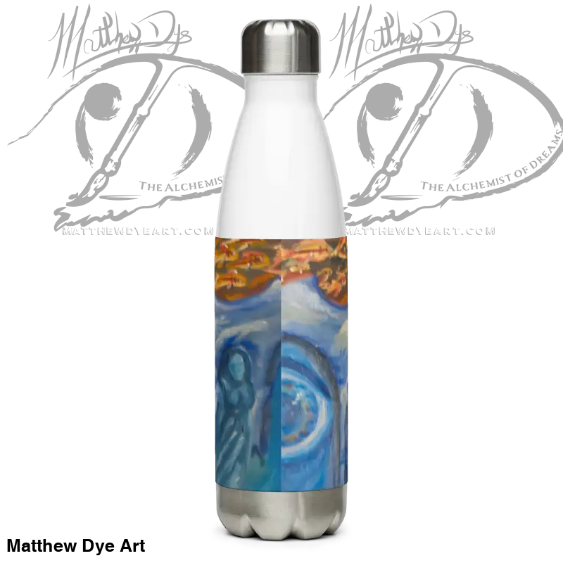 Stainless steel tumbler featuring artistic blue and orange cosmic art design