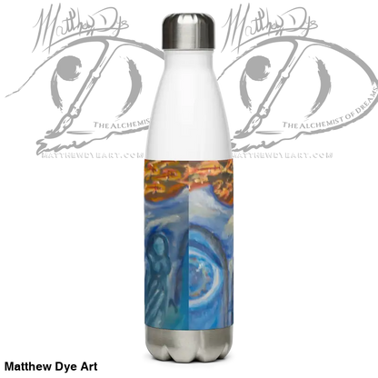 Stainless steel tumbler featuring artistic blue and orange cosmic art design