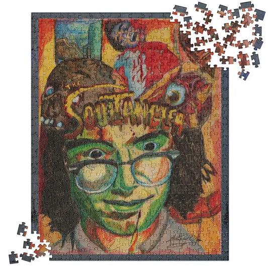 Partially completed high-quality jigsaw puzzle featuring artistic portrait by Matthew Dye