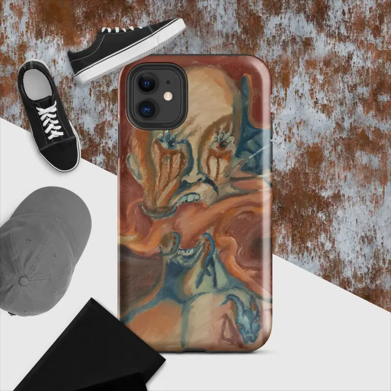 Artistic phone case featuring a swirling abstract marble pattern in orange, teal, and white