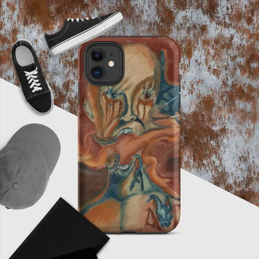 Artistic iPhone phone case with a swirling orange and teal marble pattern