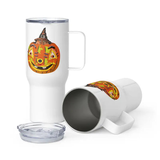 White travel mugs with pumpkin witch design in a vintage-inspired travel mug style
