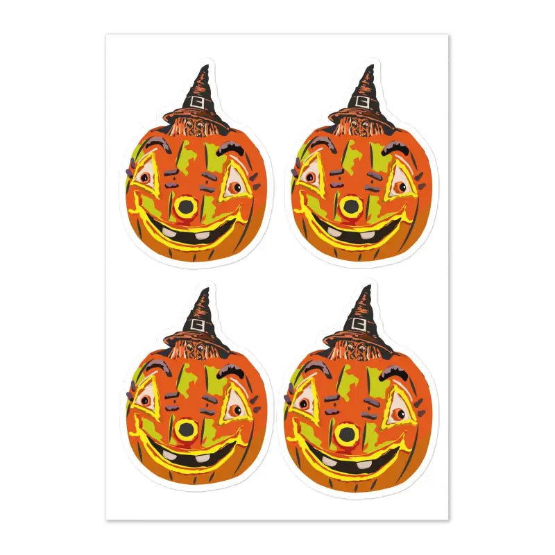 Four identical smiling jack-o’-lanterns in witch hats from Matthew Dye art pumpkin witch sticker