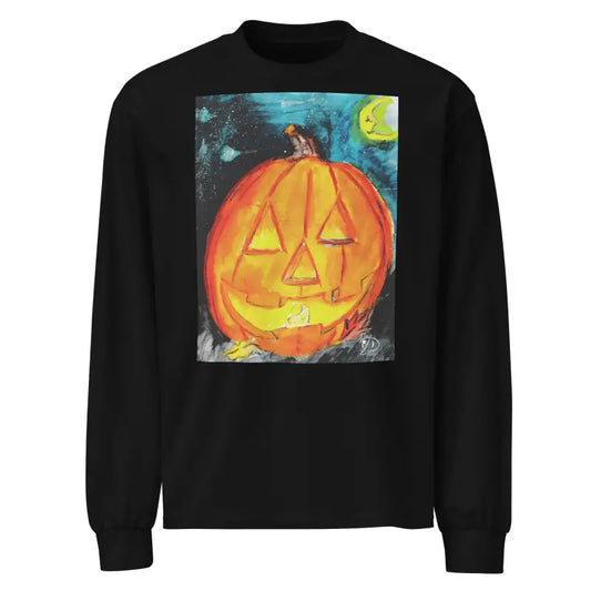 Black long-sleeved shirt featuring Matthew Dye Art’s whimsical Jack-o’-Lantern design