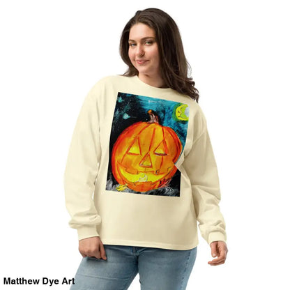 Beige long-sleeved shirt featuring Matthew Dye Art’s whimsical Jack-o’-lantern design