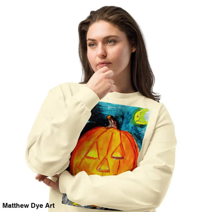 Halloween pumpkin sweatshirt featuring Matthew Dye Art’s whimsical Jack-o’-Lantern design