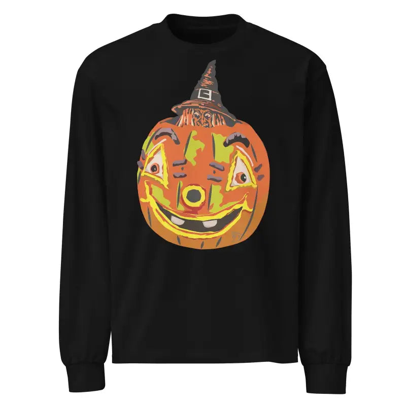 Black long sleeve shirt with vintage Halloween pumpkin in witch hat design