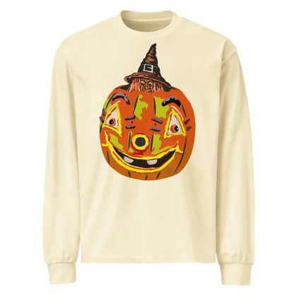 Cream-colored long sleeve shirt with smiling jack-o’-lantern in witch hat design