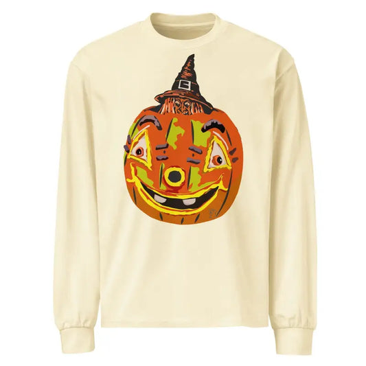 Cream-colored long sleeve shirt with smiling jack-o’-lantern in witch hat design