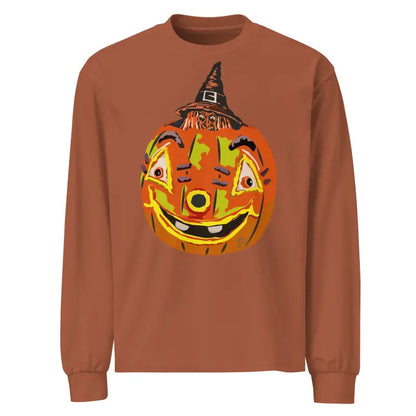 Brown long sleeve shirt with a grinning jack-o’-lantern in a witch hat design