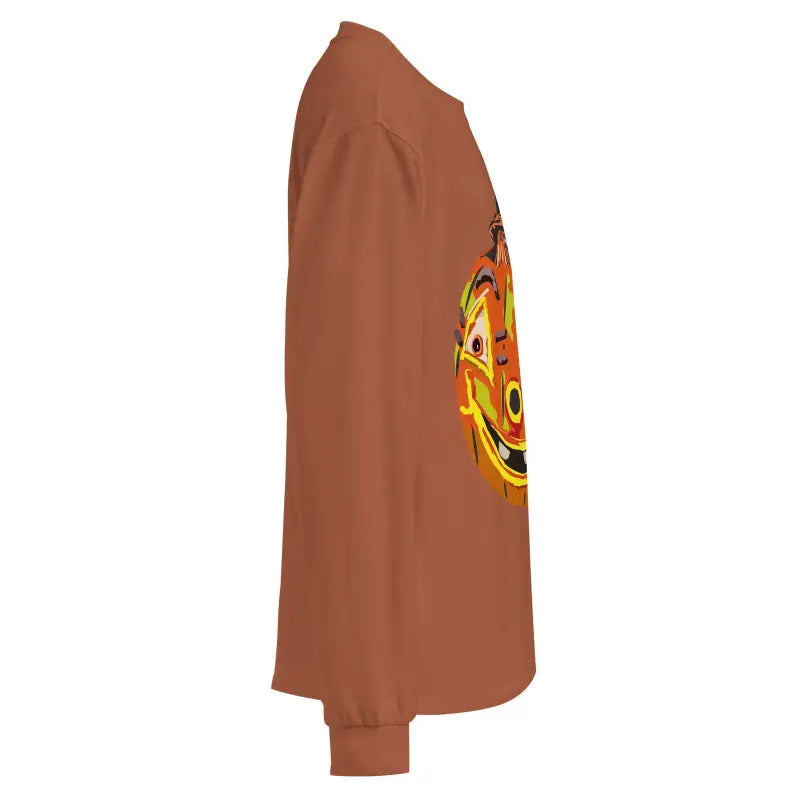 Brown premium long sleeve shirt featuring whimsical pumpkin graphic on the side