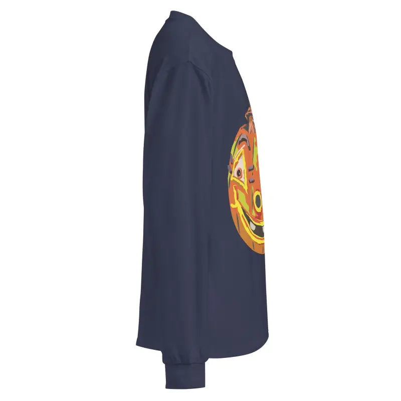 Navy blue premium long sleeve shirt featuring a pumpkin design on the sleeve