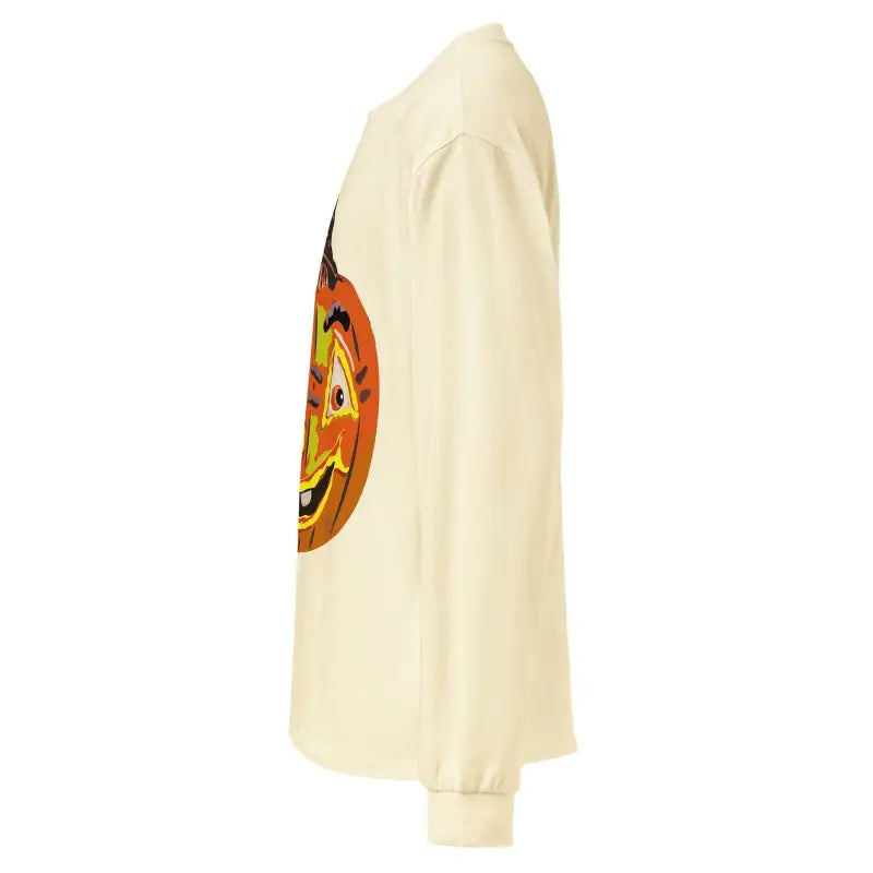 Cream-colored premium long sleeve shirt featuring a Halloween pumpkin graphic on the sleeve